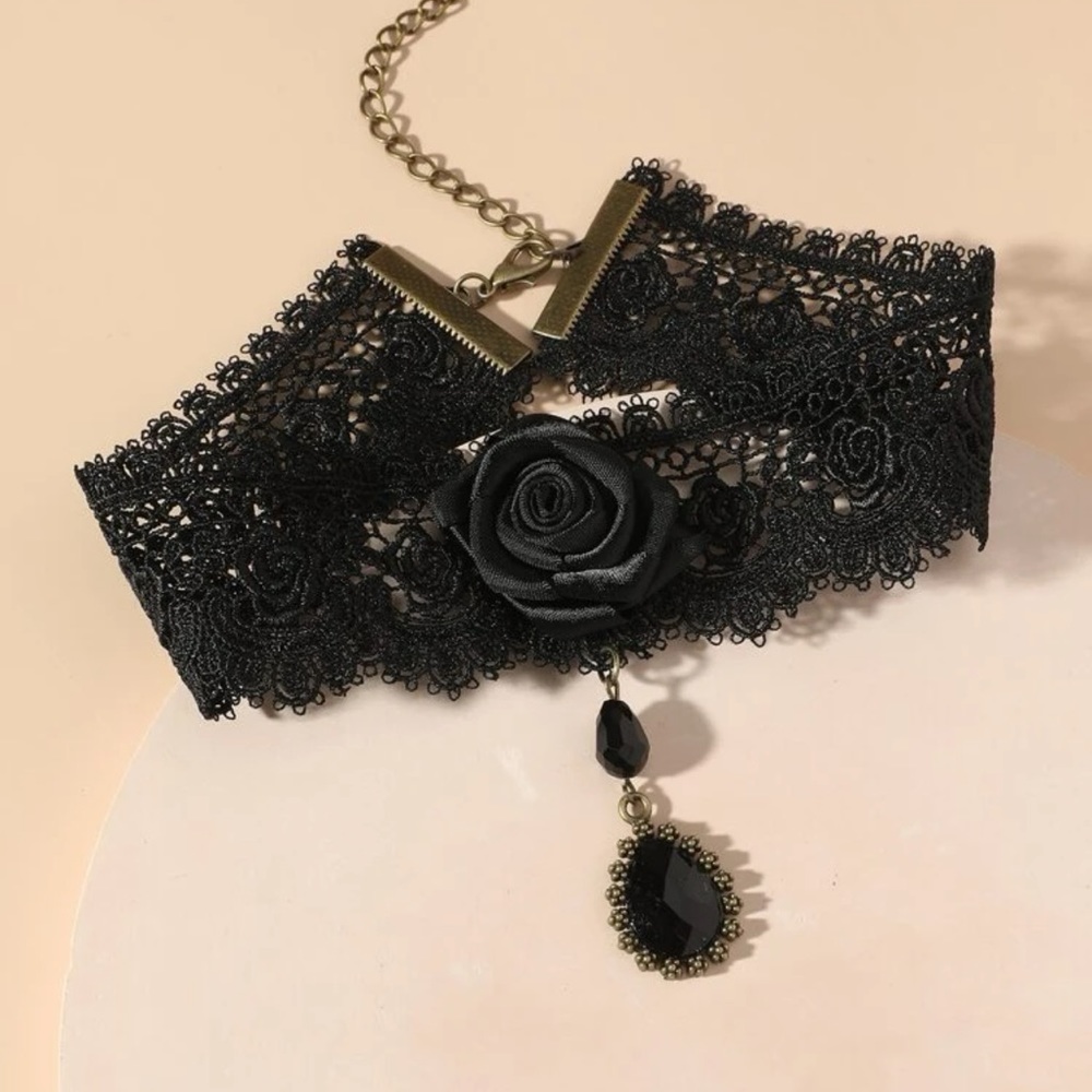 Copy 🖤 Lovely Wide Floral Lace Rose Cameo Beat Tassel Gothic Victorian Choker 🖤 - Picture 2 of 3